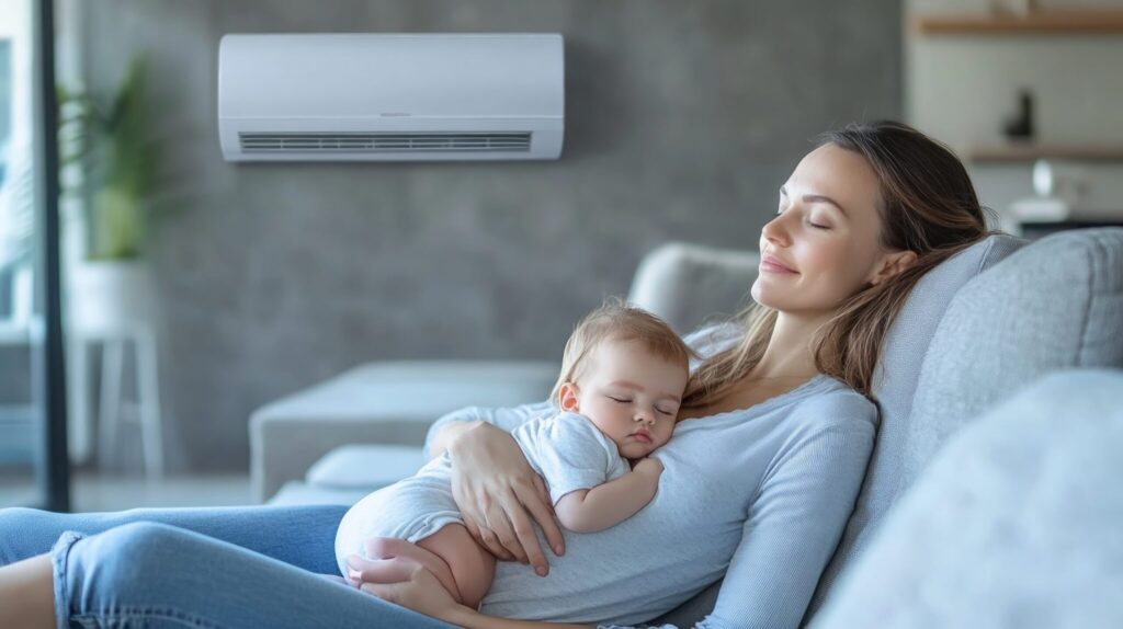 woman relaxes couch with sleeping baby air conditioning unit background scaled 1