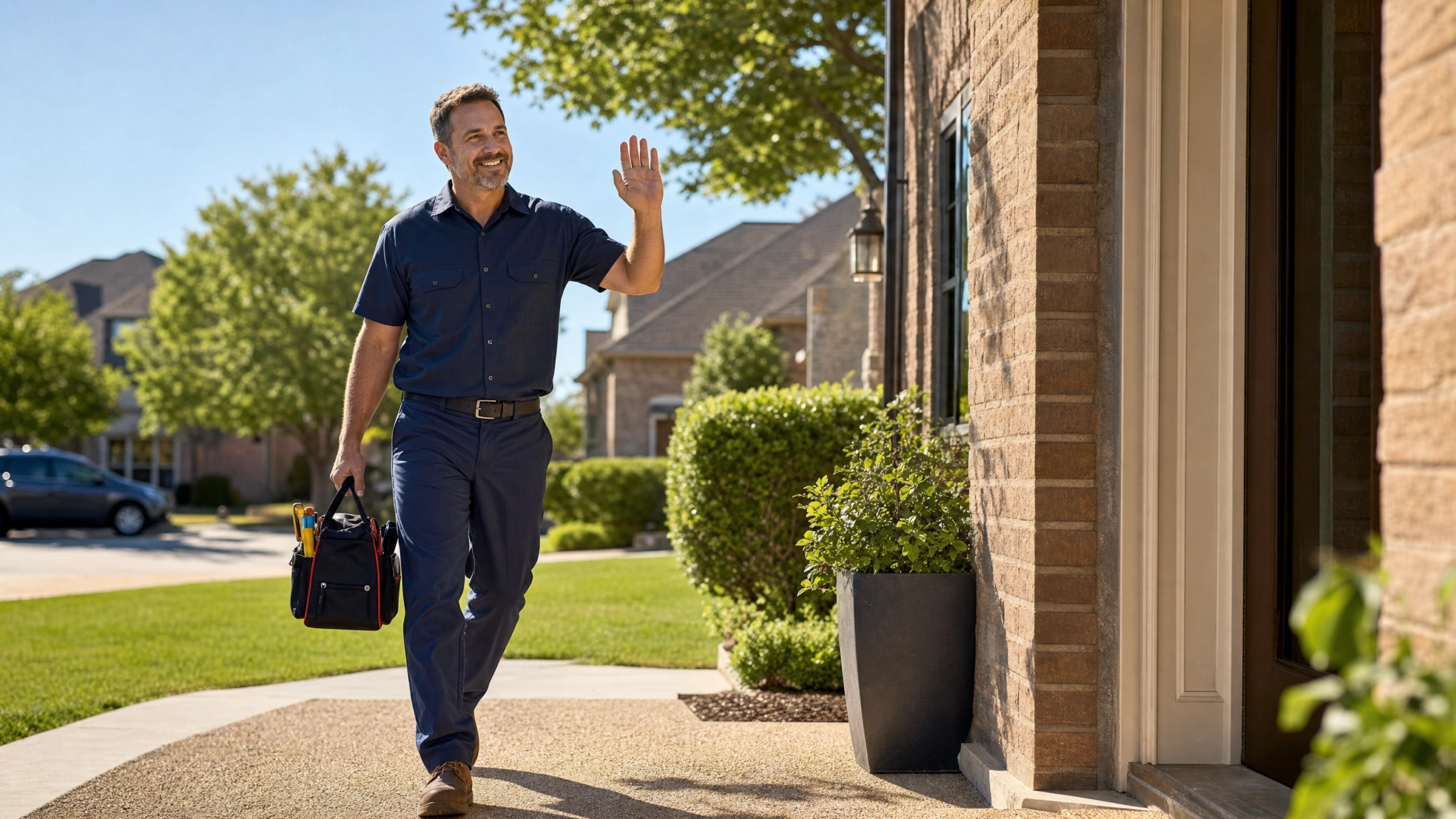 1st Class Heat & Air technician arriving at a Plano home for AC repair, 7 days a week.