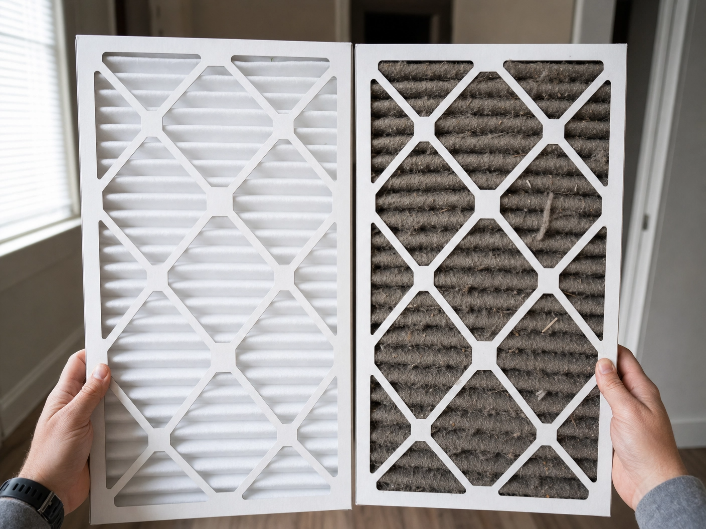 Clean vs. clogged AC air filter — the most common cause of an AC running but not cooling in DFW homes.