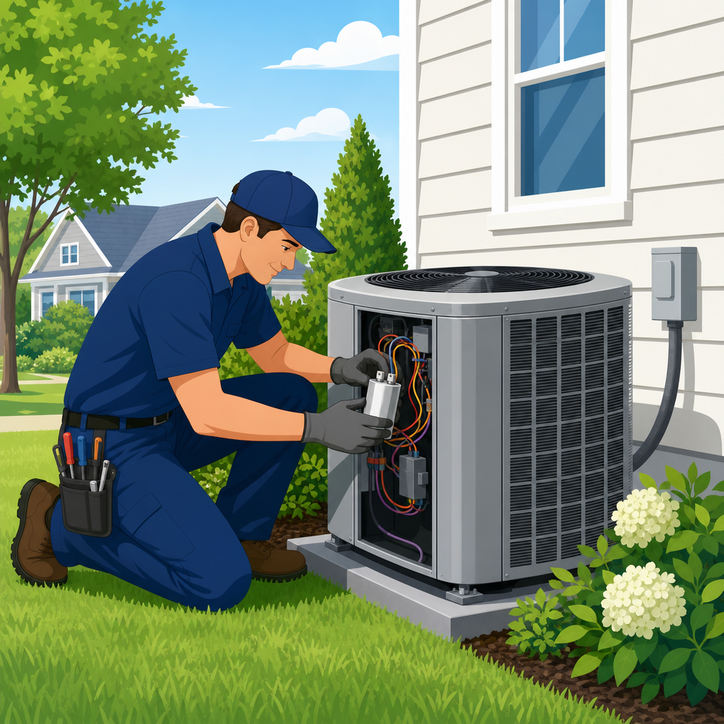 HVAC technician making a simple repair on a healthy AC condenser