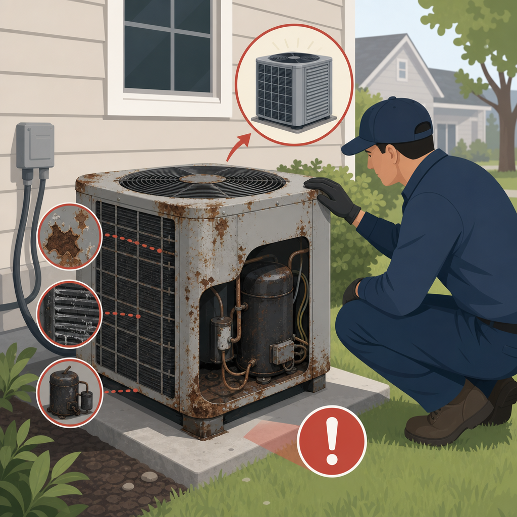 HVAC technician inspecting an old failing AC condenser